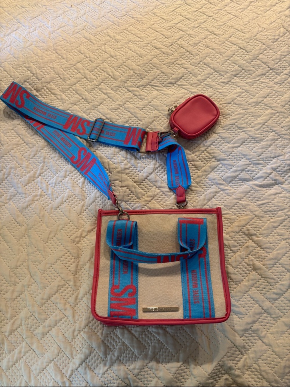 Steve Madden Canvas Crossbody Bag with Blue & Pink Straps and AirPods case